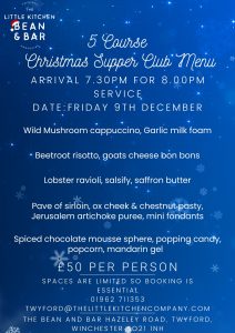 Christmas 2022 supper club 5 course menu bean